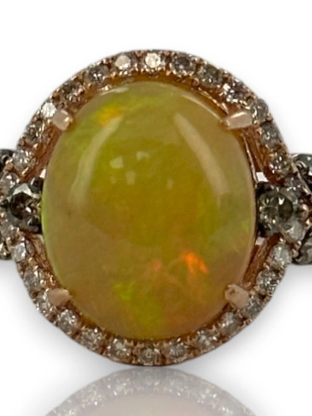 LeVian 14kt Rose Strawberry Gold Ring Fire Opal Diamond Halo Size 7